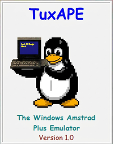 L'image d'accueil de TuxAPE : le manchot Tux tient un CPC allumé, sous le nom TuxAPE.