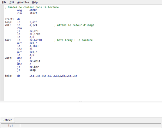 La fenêtre TuxAPE Z80 Assembler : un programme Z80 d'une vingtaine de lignes, avec ses étiquettes, ses instructions et ses commentaires, sous les menus File, Edit, Assemble et Help.