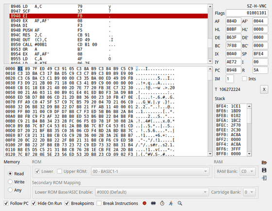 La fenêtre TuxAPE Debugger, thème clair. En haut le désassemblage, la ligne en cours surlignée en rouge ; à droite les registres du Z80 et la pile ; au milieu le dump mémoire en hexadécimal ; en bas le choix de la mémoire vue : Read, Write, Any, ROM et banque de RAM.