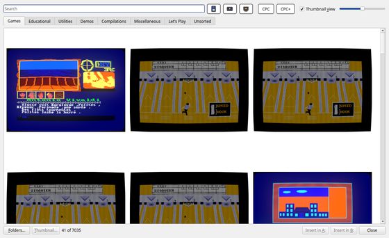 La fenêtre Library avec la case Thumbnail view cochée : une grille de grandes vignettes de jeux, et une glissière pour régler leur taille.