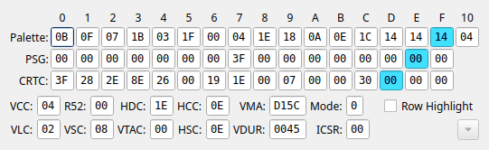La fenêtre TuxAPE - Registers : trois rangées de valeurs hexadécimales, Palette, PSG et CRTC, puis les compteurs internes de l'image et la case Row Highlight.