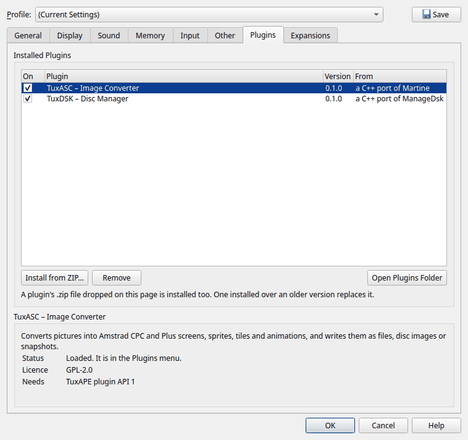 La page Plugins de la fenêtre Setup : TuxASC et TuxDSK cochés dans la liste des plug-ins installés, avec les boutons Install from ZIP et Remove.