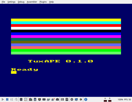 La fenêtre de TuxAPE : quatorze bandes horizontales de couleurs différentes, puis le texte « TuxAPE 0.1.0 » et l'invite Ready, en jaune sur fond bleu.