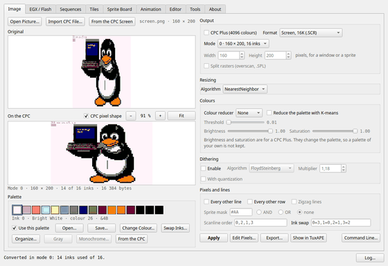 La fenêtre de TuxASC. À gauche l'image d'origine, le manchot Tux, et sa version pour le CPC en mode 0. À droite les réglages : mode, taille, palette, tramage.